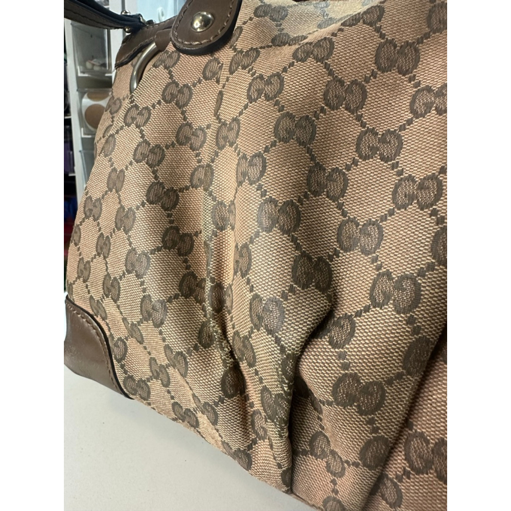 Women's Gucci Monogram Canvas Leather Trim Satchel Bag Brown/Tan One Size - Picture 3 of 16